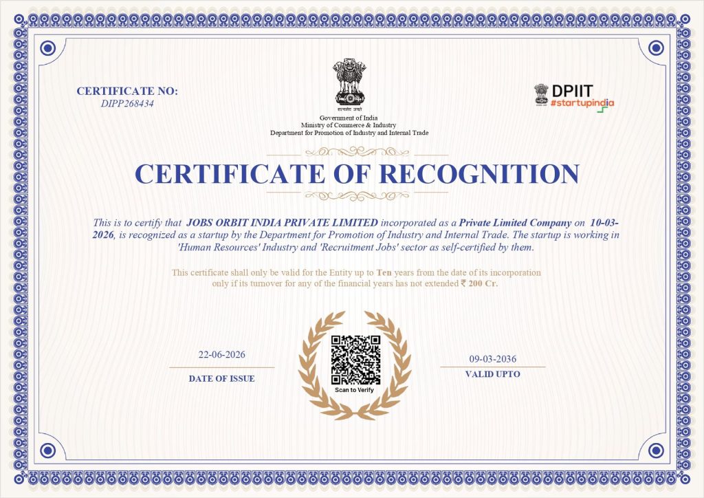 Jobs Orbit India Pvt. Ltd. Receives DPIIT Startup Recognition: A New Milestone in Our Journey 1 Startup Registration for Jobs Orbit